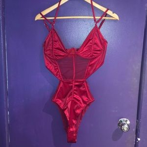 Red Ribbed Mesh Satin Bodysuit